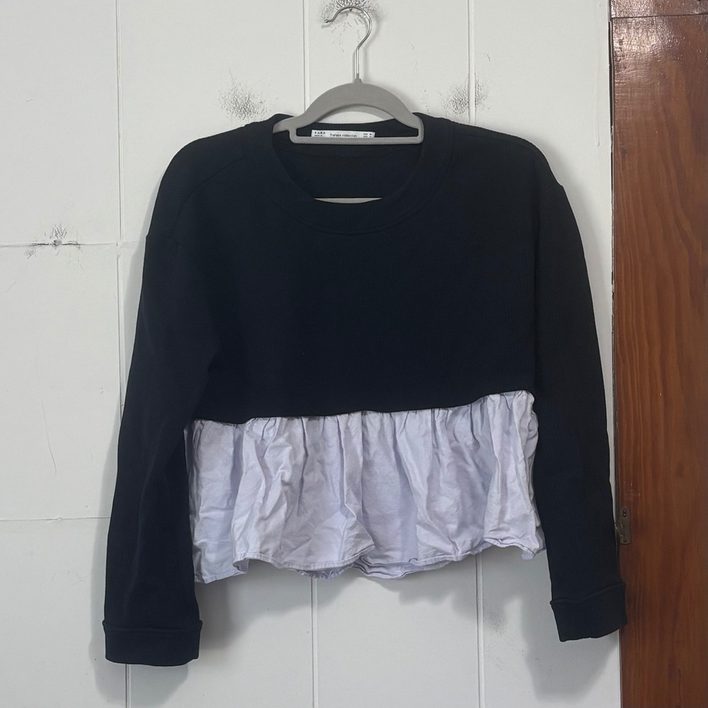 Zara Trafaluc Navy Blue Mixed Media Peplum Ruffle Hem Sweatshirt Womens Size M
